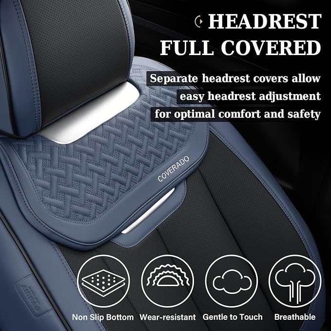 Coverado Front and Back Seat Covers for Cars, Nappa Leather Car Seat Covers Full Set, Waterproof Carseat Protector Seat Cushion, Luxury Automotive Seat Covers Universal Fit for Most Cars(Blue&Black) - Image 4