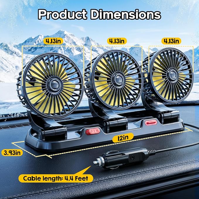 Portable 3-Head Car Cooling Fan, Fans for Vehicles Cars Dashboard | Cigarette Lighter Plug, No Battery - Image 8