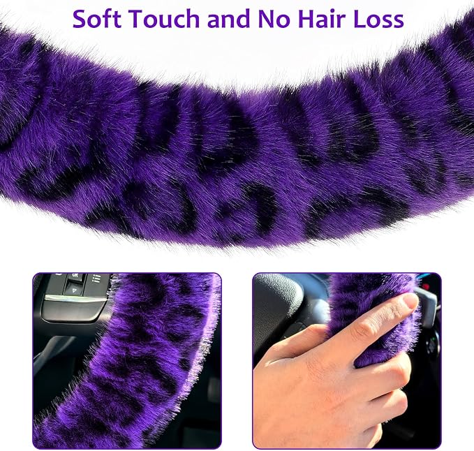 Accmor Fuzzy Car Steering Wheel Cover, Universal Fit Fur Car Wheel Cover & Handbrake Cover & Gear Shift Cover Set, Fluffy Fashion Leopard Print Auto Steering Wheel Protector for Women Girls(Purple) - Image 4