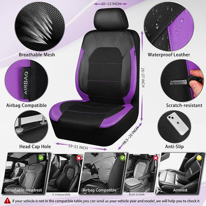 CAR PASS Leather Car Seat Covers Front Seats only, with Air Mesh Front Seat Covers Breathable, Cool Automotive Seat Covers 2 Pack, Universal Fit Most Cars,SUV,Truck,Van Airbag Compatible(Black Purple) - Image 2