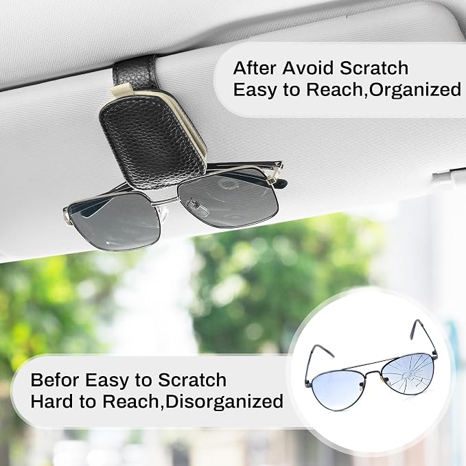 SINGARO Sunglasses Holder for Car, Leather Magnetic Buckle Sun Visor Sunglass Clip, Ticket Card Storage Glasses Clip, Car Interior Accessories for Men and Women（Black-Beige） - Image 6
