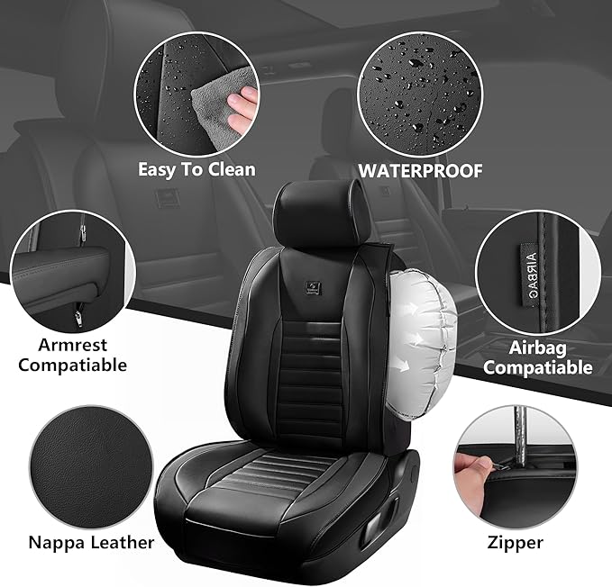 CAR PASS Nappa Leather Car Seat Covers Front Seats, Luxury Seat Protector for Cars, Waterproof Anti-Slip Seat Cushion Airbag Compatible Universal for Sedan SUV Pick-up Truck Automotive Vehicle, Black - Image 5