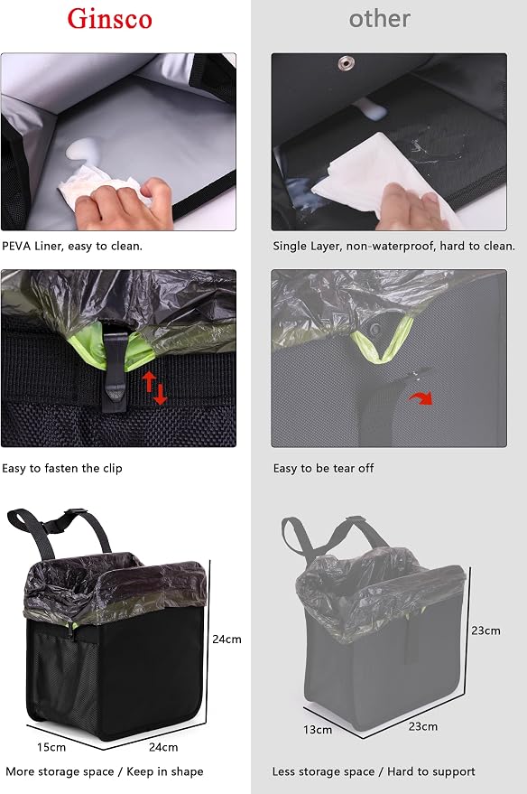Ginsco 2 Gallons Open-Top Car Trash Can, Hanging Leakproof Car Trash Bag with Water-proof PEVA Liner, Stand Trash Bag for Cars Foldable Automotive Garbage Can for Cars SUV Truck RV Black - Image 7