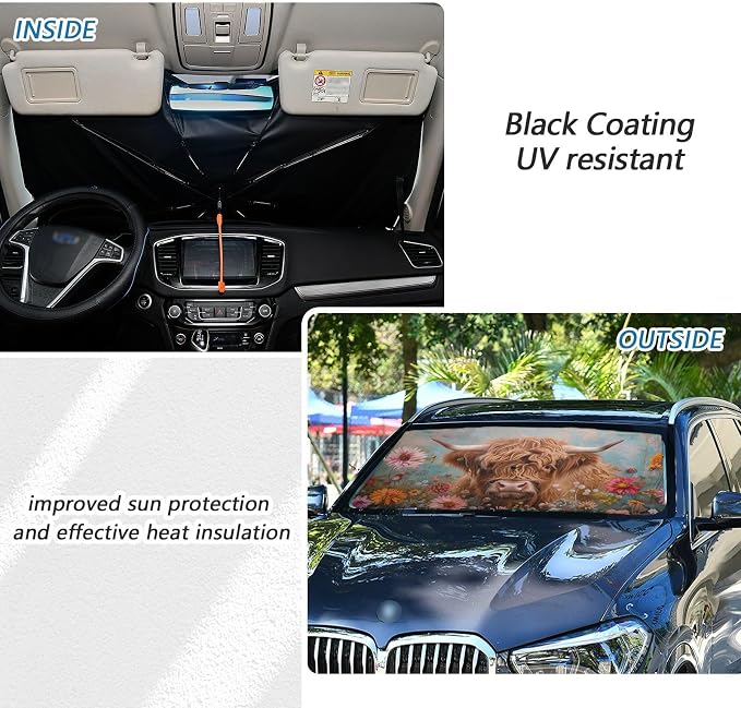 Windshield Sun Shade Umbrella Highland Cows Florals Foldable Car Front Window Sunshade Blocks UV Rays Heat Keep Vehicle Cool 55"x27.5" - Image 4