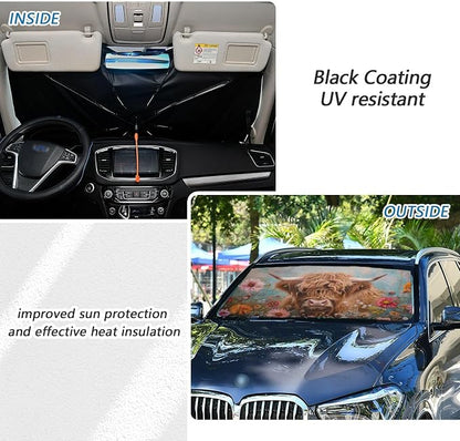 Windshield Sun Shade Umbrella Highland Cows Florals Foldable Car Front Window Sunshade Blocks UV Rays Heat Keep Vehicle Cool 55"x27.5" - Image 4