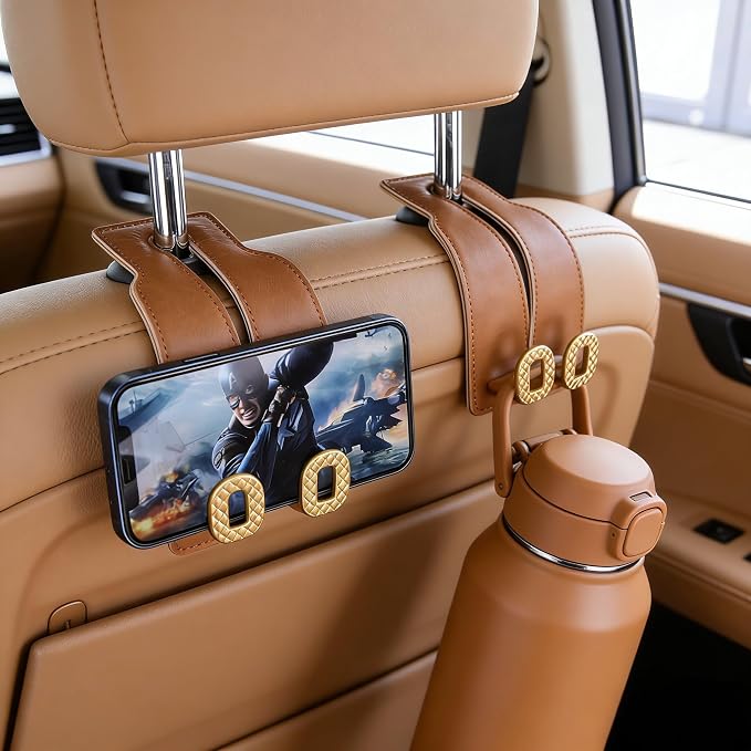 Car Headrest Hooks Universal Car Purse Hook Premium Leather and Alloy Twin Hook Car Seat Back Storage Hanger Hook for Purse Bags Cloth Drink Durable Holder Car Accessories (BH09-Brown-Gold) - Image 2