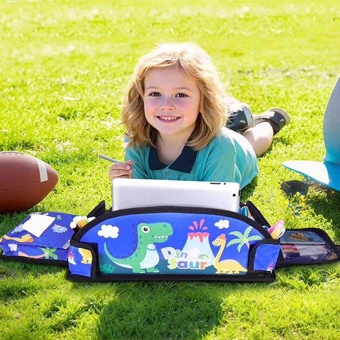 Kids Travel Tray for Toddler Car Seat, Road Trip Activities for Kid | Toddler Car Activities with iPad Holder Stand, Roadtrip Essentials with Dry Erase Board & Cooler Cup Holder,Blue Dinosaur - Image 2