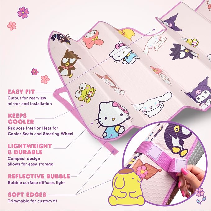 Hello Kitty and Friends Car Windshield Sun Shade, Official Sanrio Gift | Kuromi, My Melody, Cinamorrol, Badtz-Maru, Keroppi, Chococat & Pompompurin - Hello Kitty Car Accessories for Women - Image 5