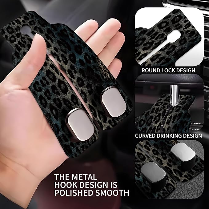 Car Seat Back Storage Headrest Hook, Premium Leather Double Metal Hook, Hanger Storage Organizer for Purse Cloth Bag, Car Interior Accessories Luxury Cool Leopard - Image 3