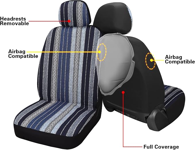 HAIYAOTIMES Baja Saddle Blanket Car Seat Covers Front Set with Seat Belt Pads, Washable Breathable Seat Covers for Cars, Universal Fit Interior Covers for Most Sedan Truck SUV, Airbag Compatible, Blue - Image 4