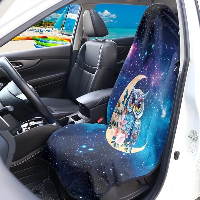 Towel Seat Cover for Trucks SUV, Car Seat Protector Cover Waterproof Car Seat Towel Cover After Gym Beach Travel Sport(Galaxy Moon Owl Print,2Pcs) - Image 2
