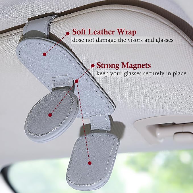 KIWEN Sunglasses Holder for Car Visor, Magnetic Leather Sunglass Eyeglass Hanger Clip for Car Sun Visor Accessories (1, Gray) - Image 4