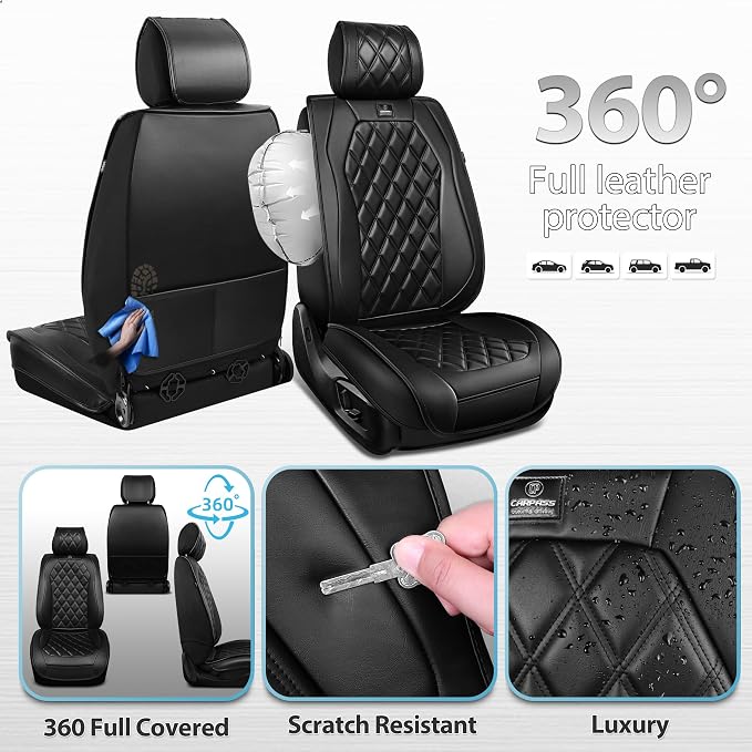 CAR PASS Luxury Nappa Leather Car Seat Covers Front Seats Only, Waterproof Faux Leather Front Seat Covers, Universal Automotive Seat Cushion Fit for Sedan SUV Truck Van, Airbag Compatible Rhomb Black - Image 4