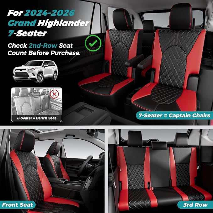 Custom Seat Covers for Toyota Grand Highlander 2024-2026 7 Seats | black red, faux leather, 2nd row captain chairs, waterproof, breathable, airbag compatible, stain resistant - Image 4