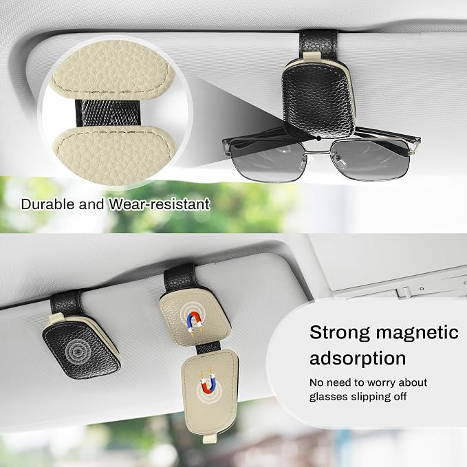 SINGARO Sunglasses Holder for Car, Leather Magnetic Buckle Sun Visor Sunglass Clip, Ticket Card Storage Glasses Clip, Car Interior Accessories for Men and Women（Black-Beige） - Image 7