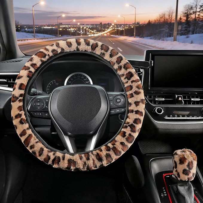 SEG Direct Fluffy Furry Steering Wheel Cover Fuzzy Gear Shift, Leopard | Gear Shift Cover, 2 PCS Set, Soft and Warm, Cute Fur Auto Decor, Standard Size 14.5- 15 inch for Women Men, Brown Leopard - Image 2
