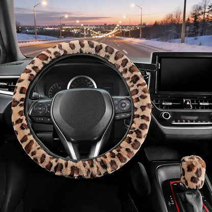 SEG Direct Fluffy Furry Steering Wheel Cover Fuzzy Gear Shift, Leopard | Gear Shift Cover, 2 PCS Set, Soft and Warm, Cute Fur Auto Decor, Standard Size 14.5- 15 inch for Women Men, Brown Leopard - Image 2