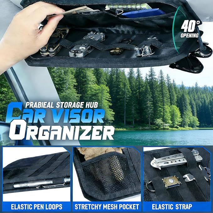 Molle Car Sun Visor Organizer,Car Accessories with Zipper Visor Storage Pouch&Glasses Clip&Adjustable Straps, Semi-Rigid Molle Panel for Tactical Gears, Fits Most Vehicles, SUVs (Black) - Image 4