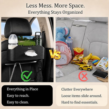 Back Seat Car Organizer with Cup Holders Tissue Box, Phone Stand and Hooks | Includes 1 Pack Of Tissues And 1 Pack Car Trash Bags, Headrest Cup Holder, Multifunctional Storage For Car Travel Accessories - Image 5