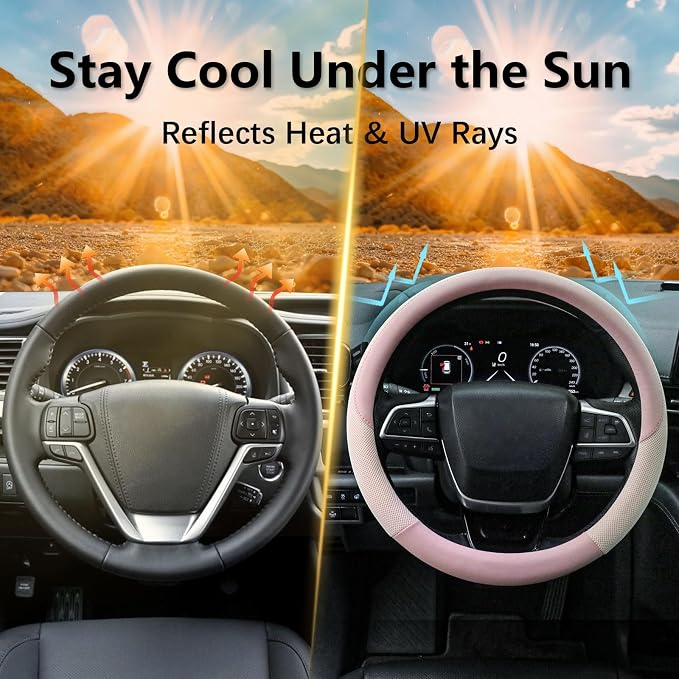 KAFEEK Pink Steering Wheel Cover Women, Cooling Ice Silk, Universal 15 Inch | Microfiber Leather, Ultra Breathable Mesh, Anti-Slip, Heat Resistant Summer Cool, Cute Car Accessories - Image 4
