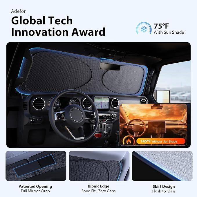 2026 Upgraded Windshield Sun Shade for Jeep Wrangler [Precision Custom Fit, Superior UV & Heat Block] Cooling Tech Fabric, Durable Foldable with Storage Bag, Fits 2000-2025 - Image 3