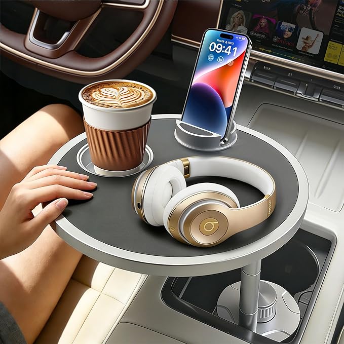 Car Desk for Laptop 360° Rotating Tesla Tray with Cup Holder Phone Stand | Adjustable Height Car Table Tray Car Accessories Compatible with Model 3/Y/S Ford Vehicles, Fits Round Cup Holder 2.28"-3.66" by Unknown