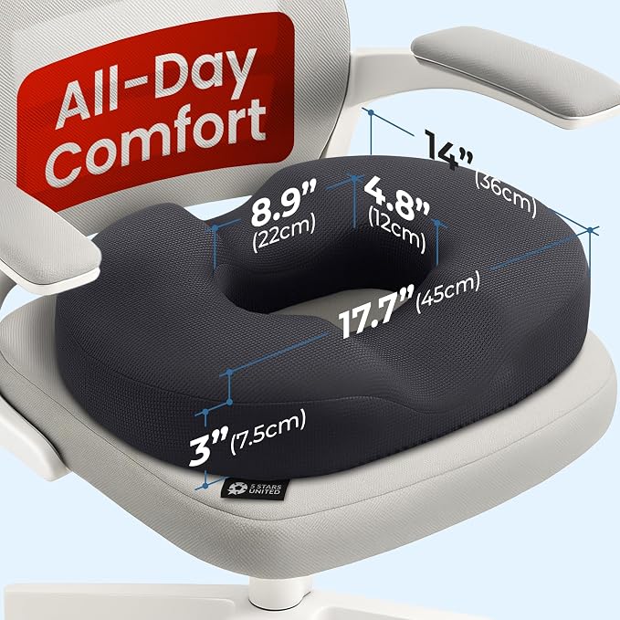 5 STARS UNITED Donut Pillow for Tailbone Pain & Hemorrhoids – Large Memory Foam Lifting Cushion for Bed Sore-Prone Areas & Pressure Relief – Prostate, Postpartum & Pregnancy Support, Black Mesh Cover - Image 2