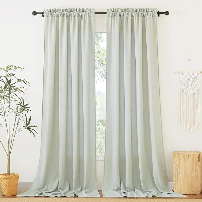 RYB HOME Thick Linen Curtains 102 inches Long for Living Room | Wrinkle Resistant, Semi Translucent, Vertical Boho, Linen Burlap, for Kids Room Home Office, Sage Green, W52 x L102, 2 Panels by RYBHOME
