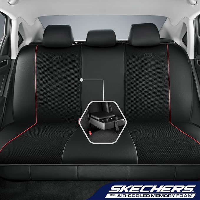 Skechers Air-Cooled Memory Foam Seat Covers,Mesh Thick Car Seat Covers,Piping Leather Car Seat Cover Full Set,Airbag Compatible,Automotive Comfort Universal Fit Most Cars,Vans,Trucks,SUV,Red - Image 3
