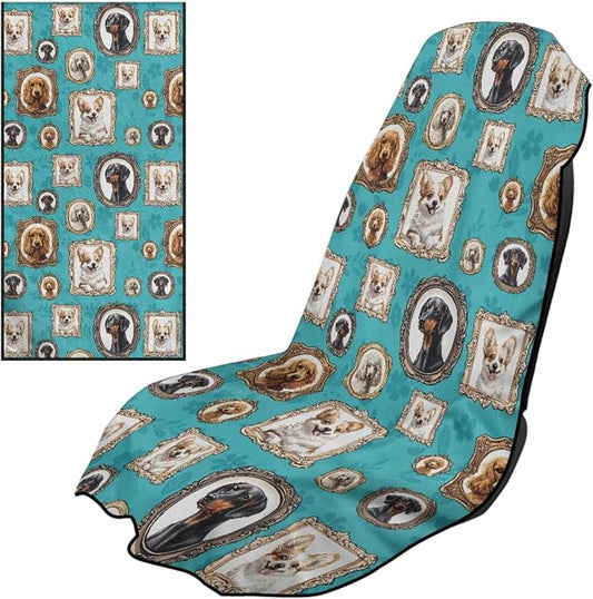 Horeset Picture Frame Dog Car Seat Towel Covers Stain Resistant Sports Car Towel Mat Easy Install Breathable Auto Front Seats Protector Automotive Accessories by Horeset