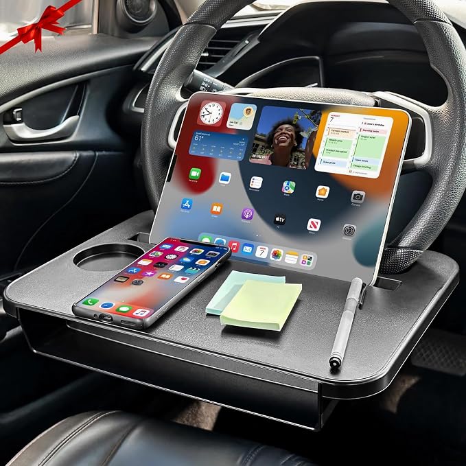 2-in-1 Steering Wheel Desk - Steering Wheel Tray Table with Seat Gap Filler Organizer | Car Food Tray for Driver | Car Desk for Laptop & Eating - Work Road Trip Essentials Accessories - Image 3