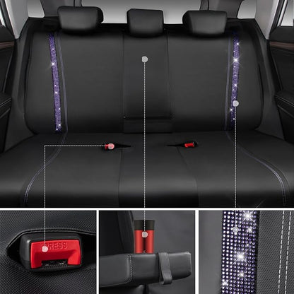 CAR PASS Bling Diamond Car Seat Covers Full Set,Shining Rhinestone Waterproof Faux Leather,Rear with Zipper,Universal Fit Automotive Glitter Crystal Sparkle Strips for Women,Violet Purple Rhinestone - Image 6