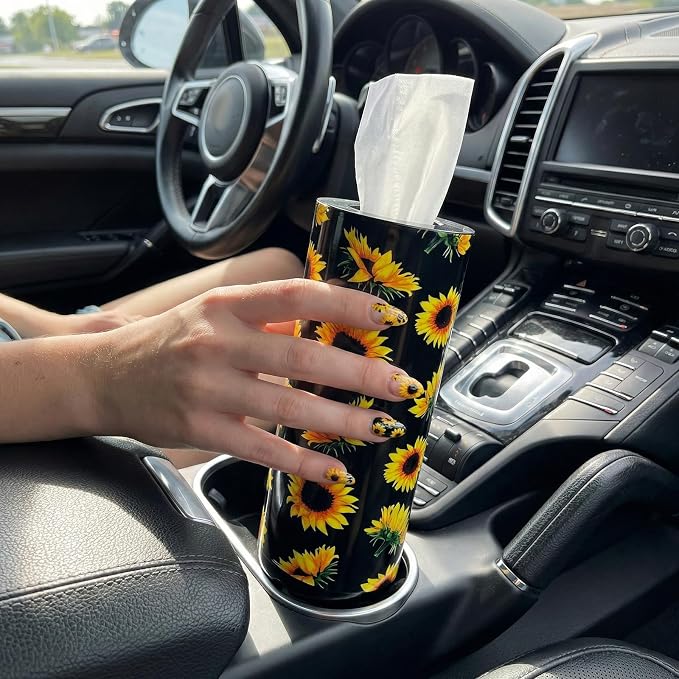 Car Tissues Cylinder for Cup Holder - Refillable Round Tissue Canister with 2 Packs Tissue - Cute Summer Floral Car Interior Accessories for Women & Men -Yellow Flower Decor (Sunflower) - Image 2