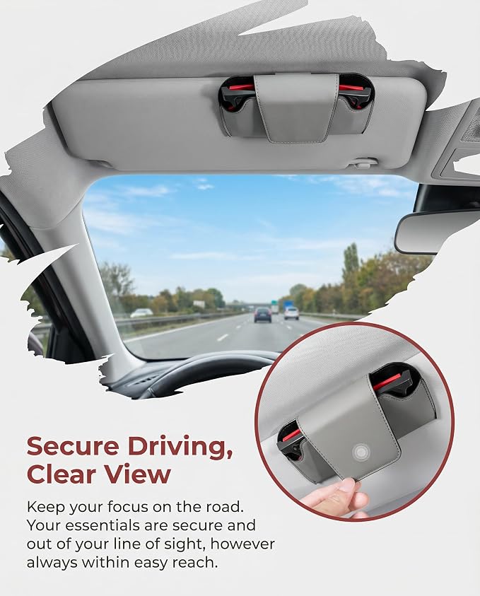 Car Visor Sunglass Holder, Magnetic Leather Glasses Case Clip, Gray | 1-hand access stops lens scratches clip installs fast 7x3.5" won't block view Fits all car visors & most eyewear - Image 2