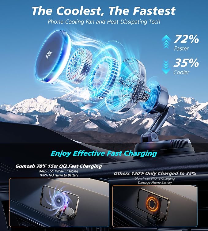 for Qi2 15W MagSafe Car Mount Charger with Cooling Fan, [Rapid Charging Cooler with RGB Lights], 78+LBS Stronger Suction Wireless Magnetic Mount on Vent/Dash/Windshield, for iPhone 17 16 15 14 13 12 - Image 2