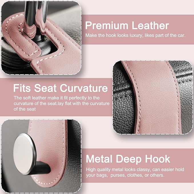 2 Pack Car Headrest Hooks Leather & Alloy Car Seat Storage Hangers, Pink | 44lb Heavy Duty Stylish Car Seat Organizer Hooks for Purses Bags, Coat, Umbrellas, Water Bottle, Car Inside Accessories - Image 3