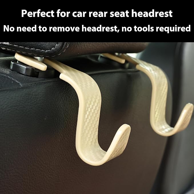 Car Seat Hooks 4 Pack - 55lb Heavy Duty Headrest Hanger, Beige | Universal fit for most cars SUVs,Hang purses handbags coats umbrellas grocery bags,ABS plastic,Easy Installation - Image 7
