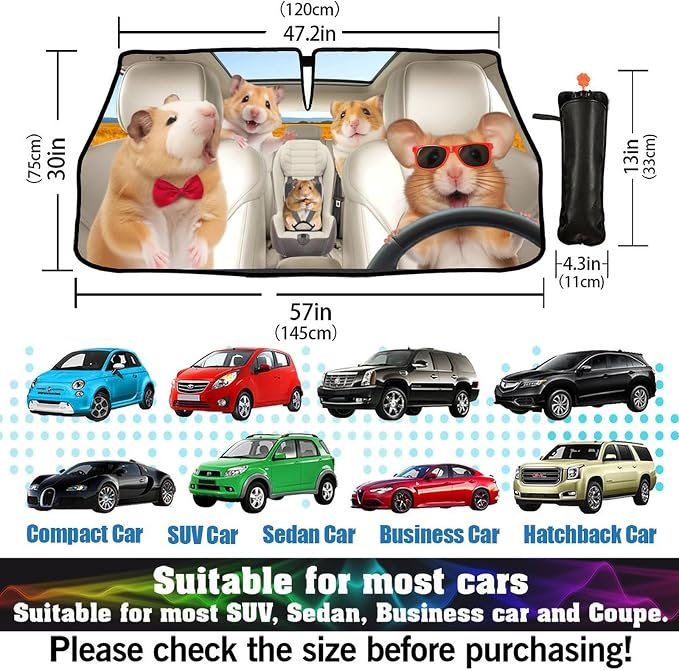 CHILLTEK Funny Animal Car Windshield Sun Shade, Cute Hamster Car Sun Shade, Block UV Rays Heat Foldable Windshield Umbrella Sun Visor Protector - Keep Vehicle Cool for Cars SUV - Image 3