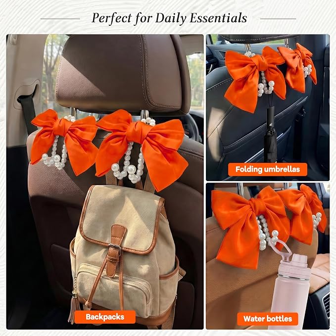 2PCS Satin Bow Pearl Car Seat Headrest Hooks – Car Bag Holder & Vehicle Hanger for Purses – Cute Coquette Aesthetic Interior Decoration – Cute Auto Organizer Accessories Universal (Orange) - Image 5