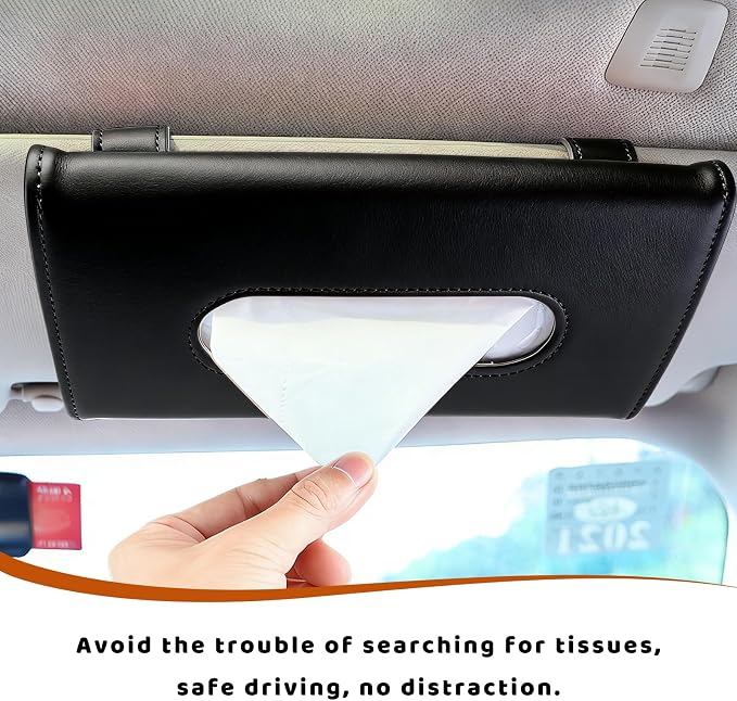 Car Visor Tissue Holder, Premium Leather Sun Visor Napkin Organizer with Tissue Refill, Universal Backseat Napkin Case Sunvisor Mask Holder for Cars SUVs Trucks RVs (Black) - Image 6