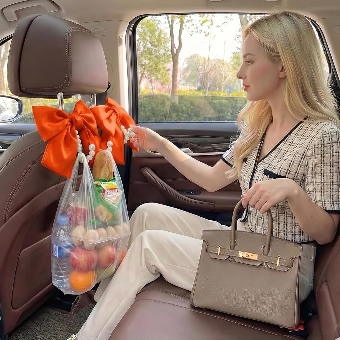 2PCS Satin Bow Pearl Car Seat Headrest Hooks – Car Bag Holder & Vehicle Hanger for Purses – Cute Coquette Aesthetic Interior Decoration – Cute Auto Organizer Accessories Universal (Orange) - Image 8