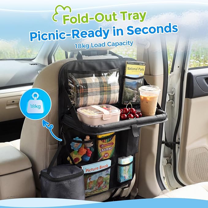 Tsumbay Backseat Car Organizer with Foldable Tray, 9 Pockets, Kick Mat Seat Protector, 18KG Capacity, Waterproof Oxford Fabric for Kids, Family Travel - for Car, SUV, Van (Oxford-2Pck) - Image 3