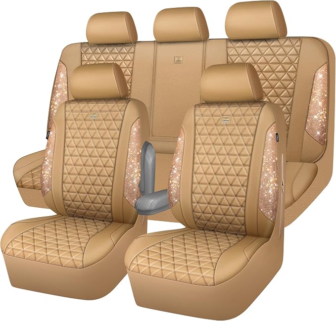 CAR PASS Bling Diamond Beige Leather Car Seat Covers Full Sets Interior Set, Waterproof Shining Glitter Sparkly Crystal Universal Armrest Fit for Automotive Truck SUV Cute Women Girl, Beige Rhinestone by CARPASS