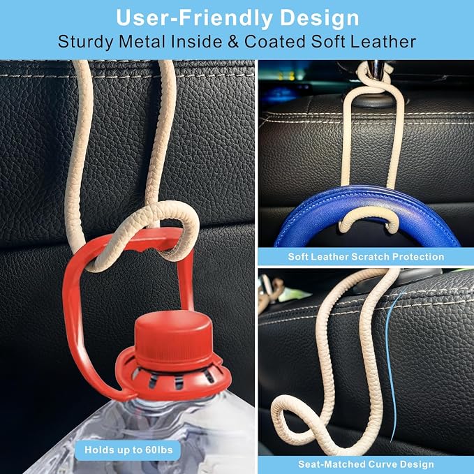 Car Seat Back Organizer Hooks 2 Pack with Anti-Drop Loop - Beige Leather/2S | Space Saving Car Headrest Hangers for Women Men, Universal Car Bag Holder for SUV Truck for Front and Back Seat Storage - Image 4