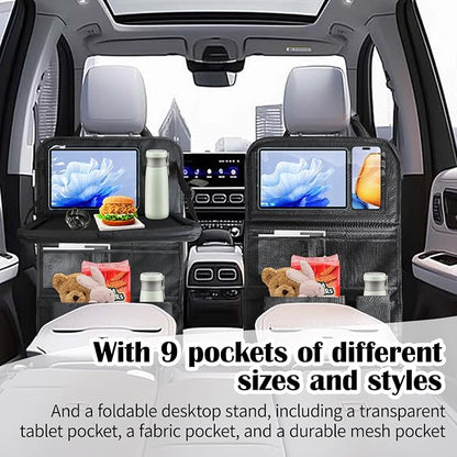 Car Backseat Organizer with Tablet Holder, 9 Storage Pockets with Foldable Food Tray, Kick Mats Back Seat Cover for Kids Road Trip Essentials Travel (1 Pack) - Image 4