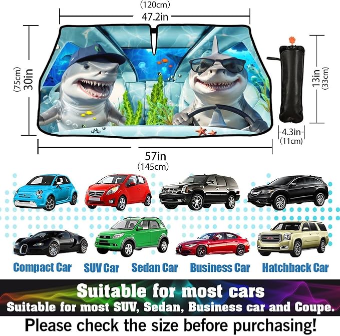CHILL·TEK Funny Animal Car Windshield Sun Shade Umbrella, Funny Shark Car Sun Shade Umbrella, Block UV Rays Heat Foldable Windshield Umbrella Sun Visor Protector - Keep Vehicle Cool for Cars SUV - Image 3