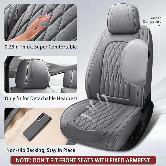 WELLDO Nappa Faux Leather Car Seat Covers Full Set, Gray | Waterproof, Non-Slip Seat Protector, 0.28in Thickened Cushion, Airbag Compatible, Universal for Cars SUV Truck Pickup - Image 2