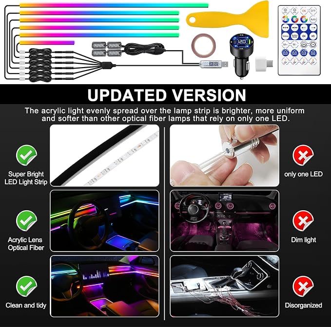 Dreamcolor Acrylic Interior Car LED Strip Light with USB/Type C/4-Port Cigarette Lighter, RGB 10 in 1 with 179.2 inches 650 LEDs Ambient Lighting Kits, Sound Active Function Neon Led Strips for Car - Image 5