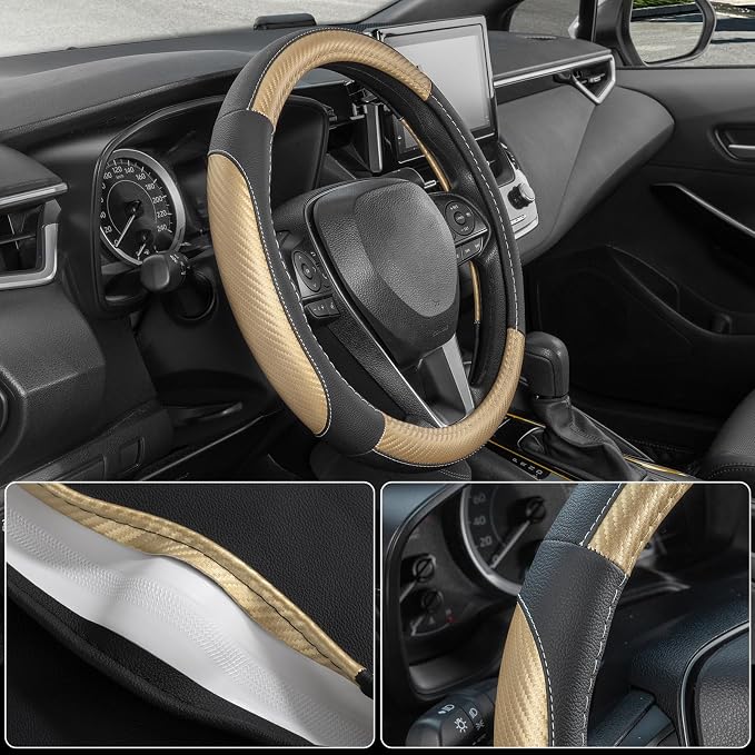 SEG Direct Car Steering Wheel Cover 14.5"-15" Golden Carbon Fiber Pattern | Universal Medium Standard Size 37-39cm for Car Truck SUV, Black Microfiber Leather, Non-Slip Grip, Auto Interior Accessories - Image 3