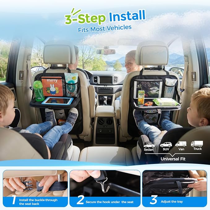 Tsumbay Backseat Car Organizer with Foldable Tray, 9 Pockets, Kick Mat Seat Protector, 18KG Capacity, Waterproof Oxford Fabric for Kids, Family Travel - for Car, SUV, Van (Oxford-2Pck) - Image 6